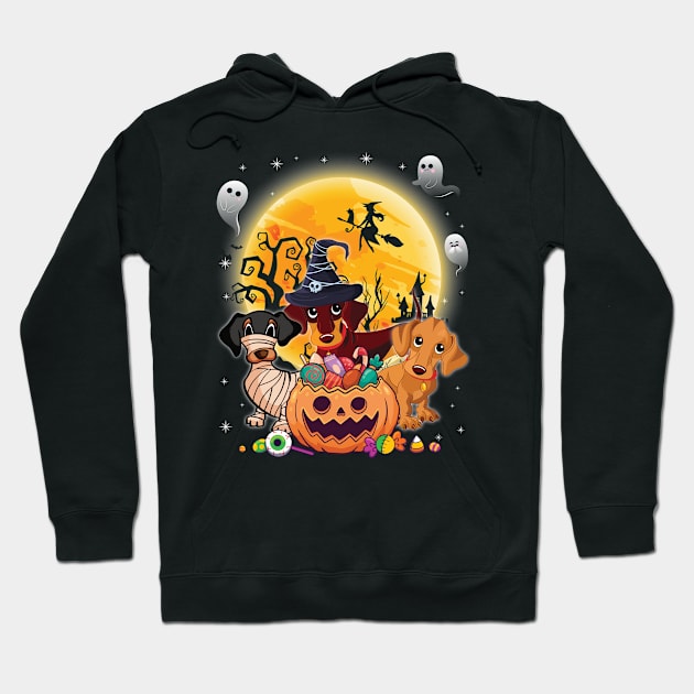 Dachshund Dog Mummy Witch Moon Ghosts Happy Halloween Thanksgiving Merry Christmas Day Hoodie by joandraelliot